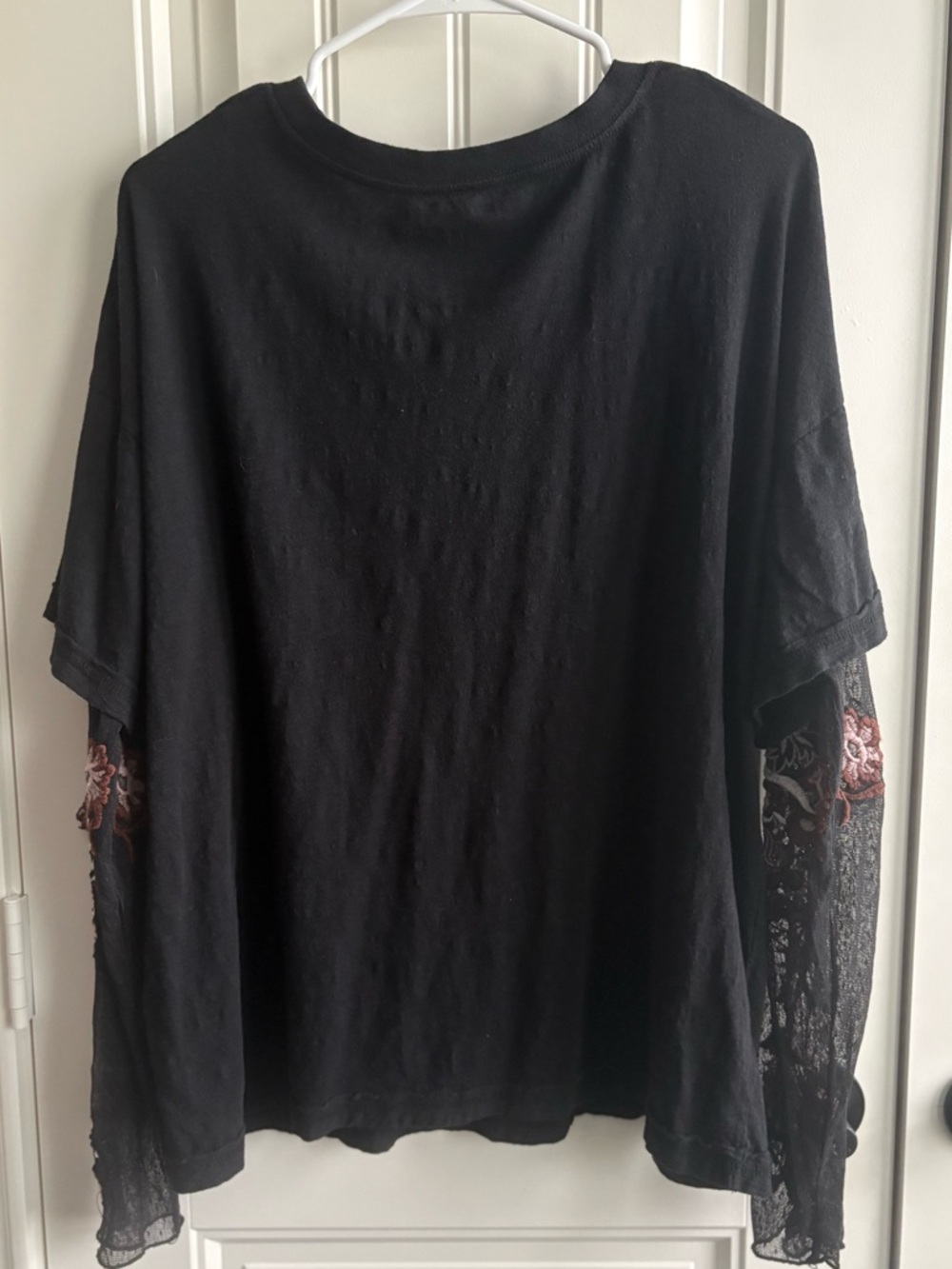 Free People Black Tee with Embroidered Floral Lace Sleeves - Picture 3 of 6